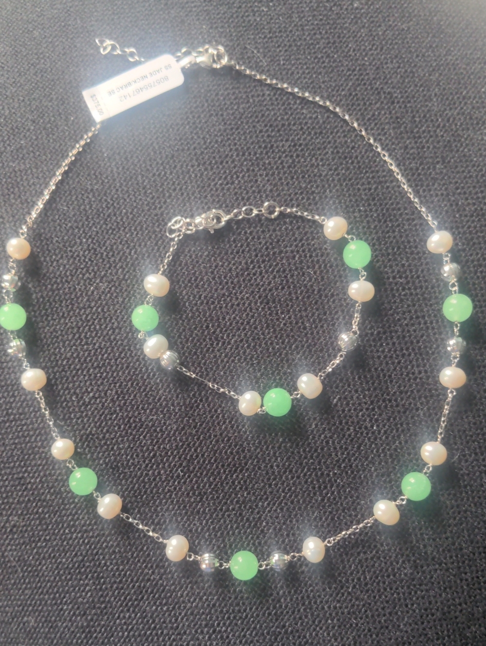 NEW  Sterling Silver Pearl & Jade Bead Necklace & Bracelet Set,  Dainty Tin Cup